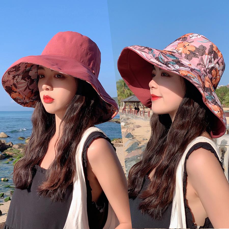 Large Brim Fisherman's Hat Double-sided Wearable Printed Cotton Shade Hat Temperament Versatility Female Spring Summer Sunscreen