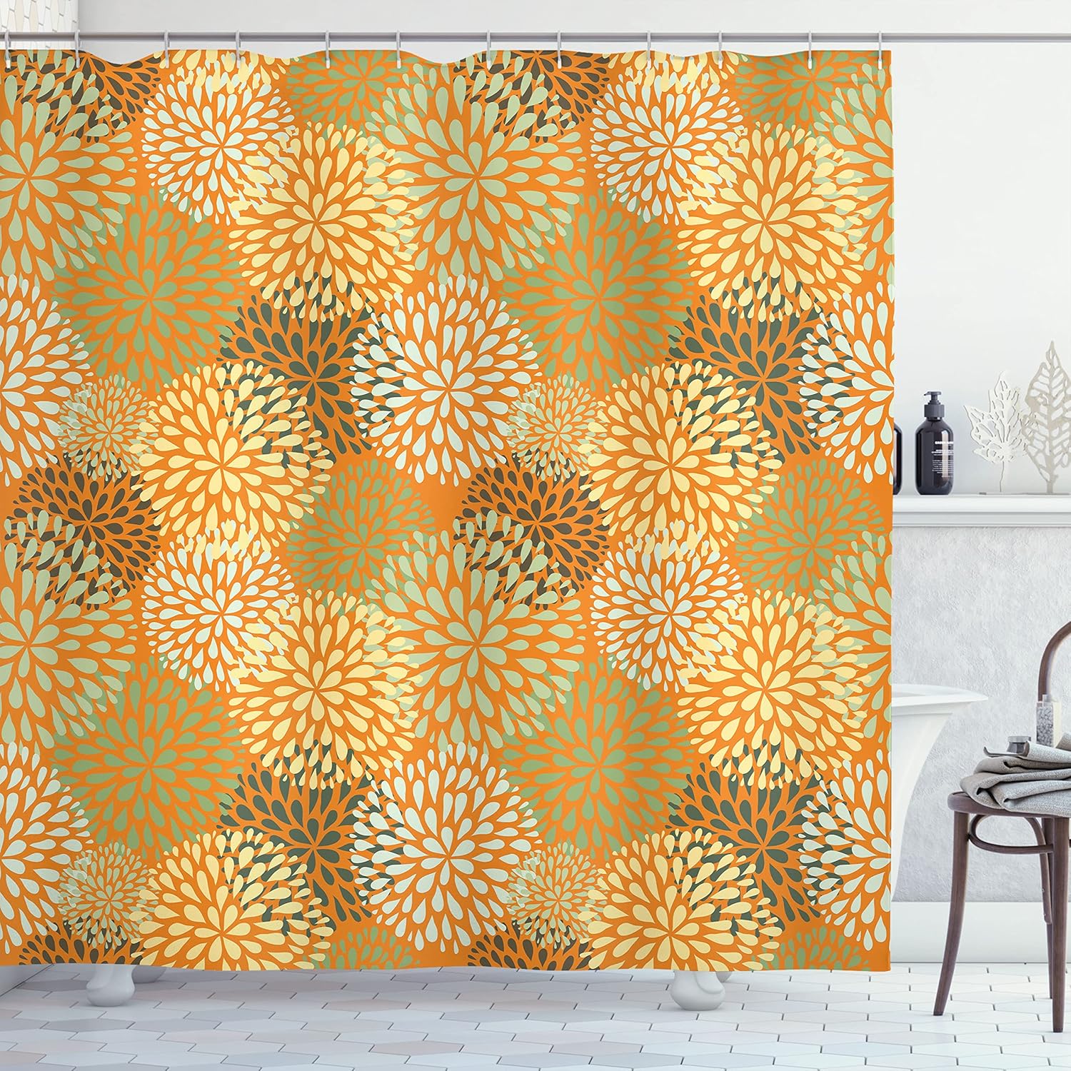 Orange Floral Pattern Shower Curtain Abstract Flowers Modern Bathroom Decor Linen180X210 W60H190(CM)-1 Pcs