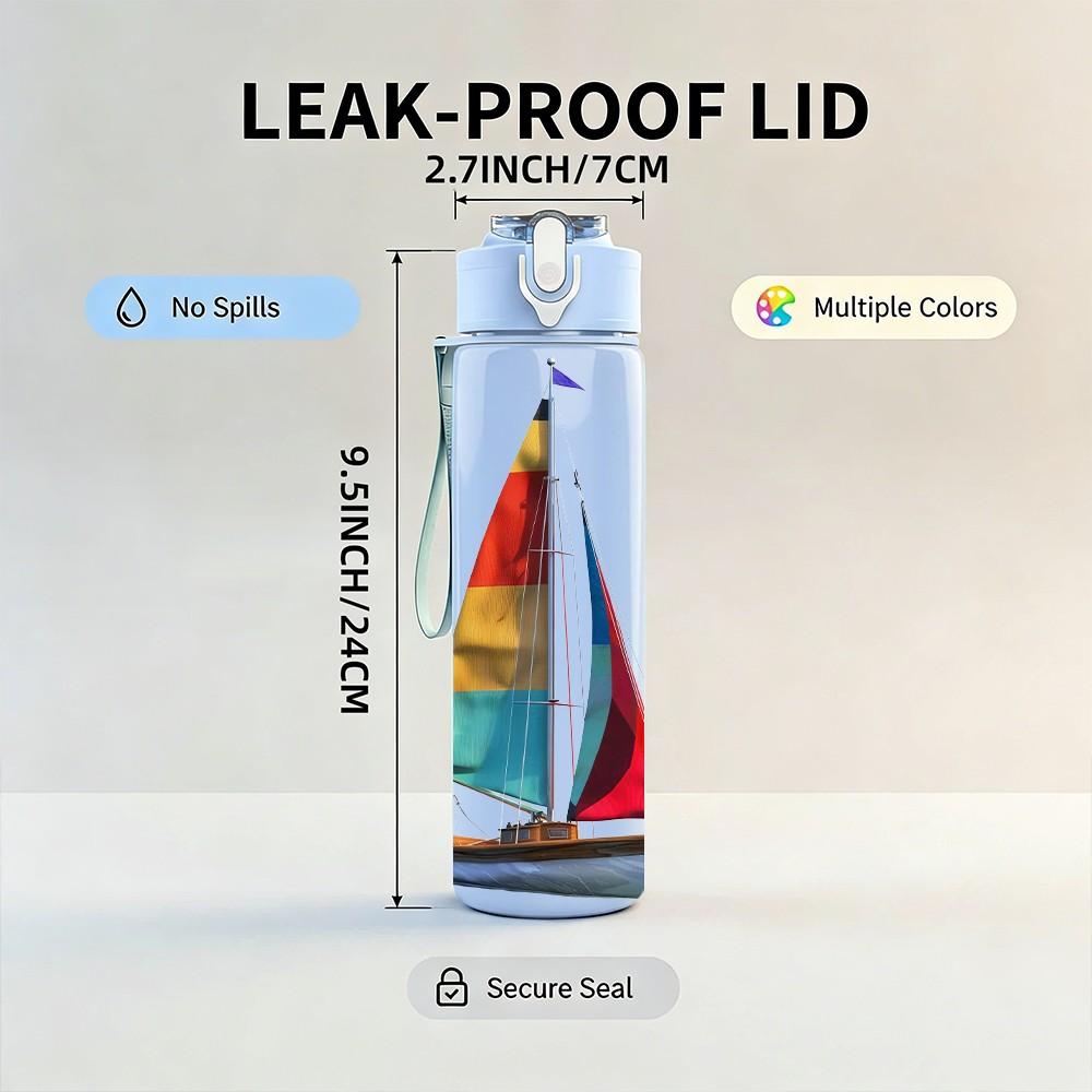 1PC Simple Single Sailboat Ocean Print 750ml Color Plastic Sports Water Bottle Leakproof Flip Straw Lid Suitable for Sports Office Home Use