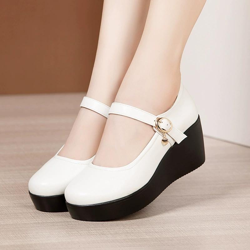 Shallow Genuine Leather Shoes Women Mary Janes Fall High Heels Platform Wedges Shoes Mom Office