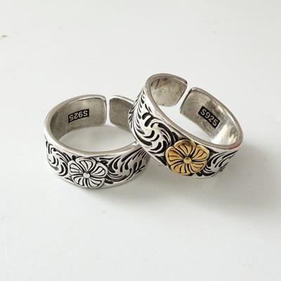 925 Sterling Silver Rings For Women Geometric Fine Jewelry Finger Adjustable Vintage Yellow Flower Ring For Party Birthday Gift