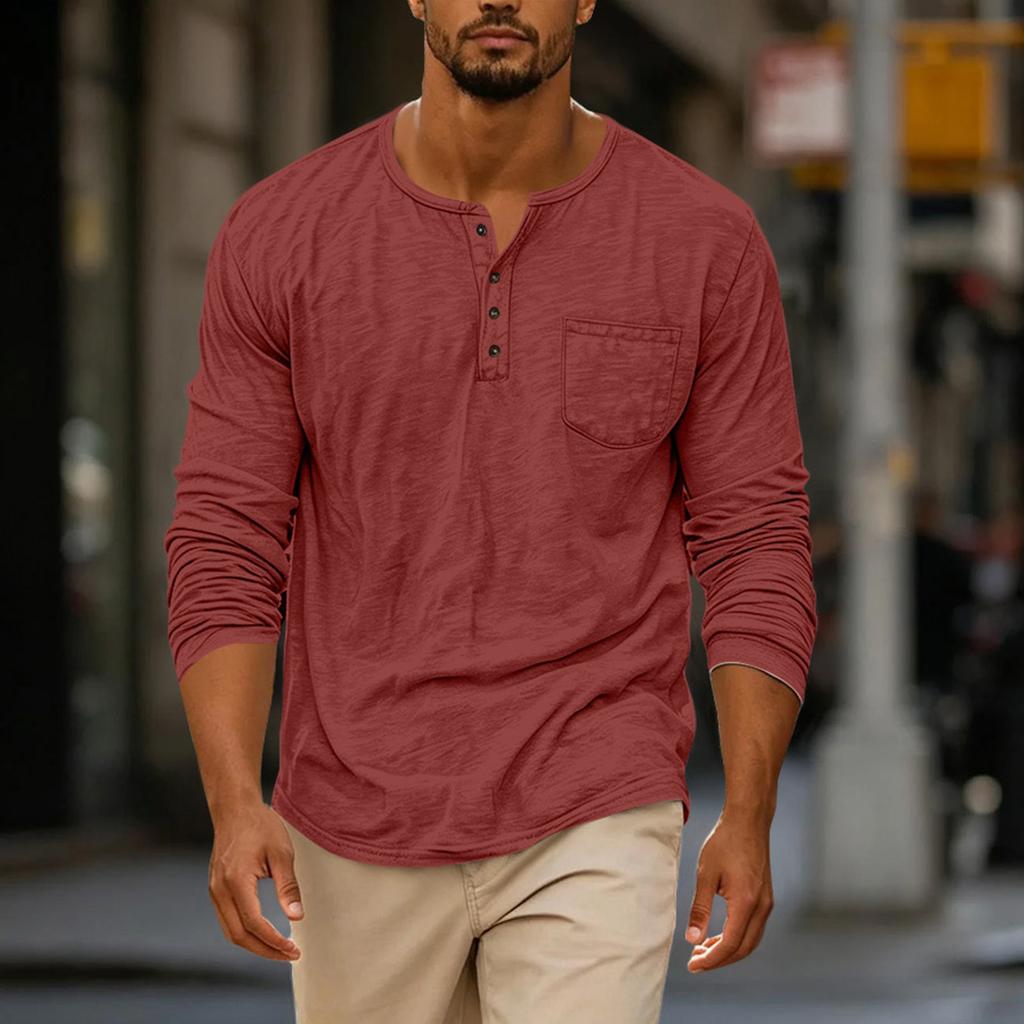Men's Casual Long Sleeve Round Neck Shirt with Button Front and Pockets