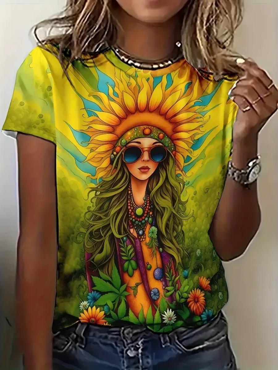 

Летняя женская футболка с 3D-принтом «Подсолнух», уличная одежда, повседневная мода 2000 года, футболка с коротким рукавом, футболки с круглым вырезом, топы 6XL