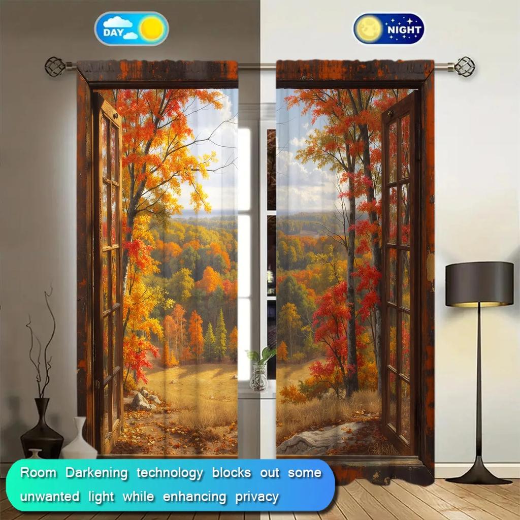 2pcs Autumn Sunshine Forest Red Leaf Scenic Printed Curtains - Artistic Home Decoration Curtains, All Season Decorative Curtains