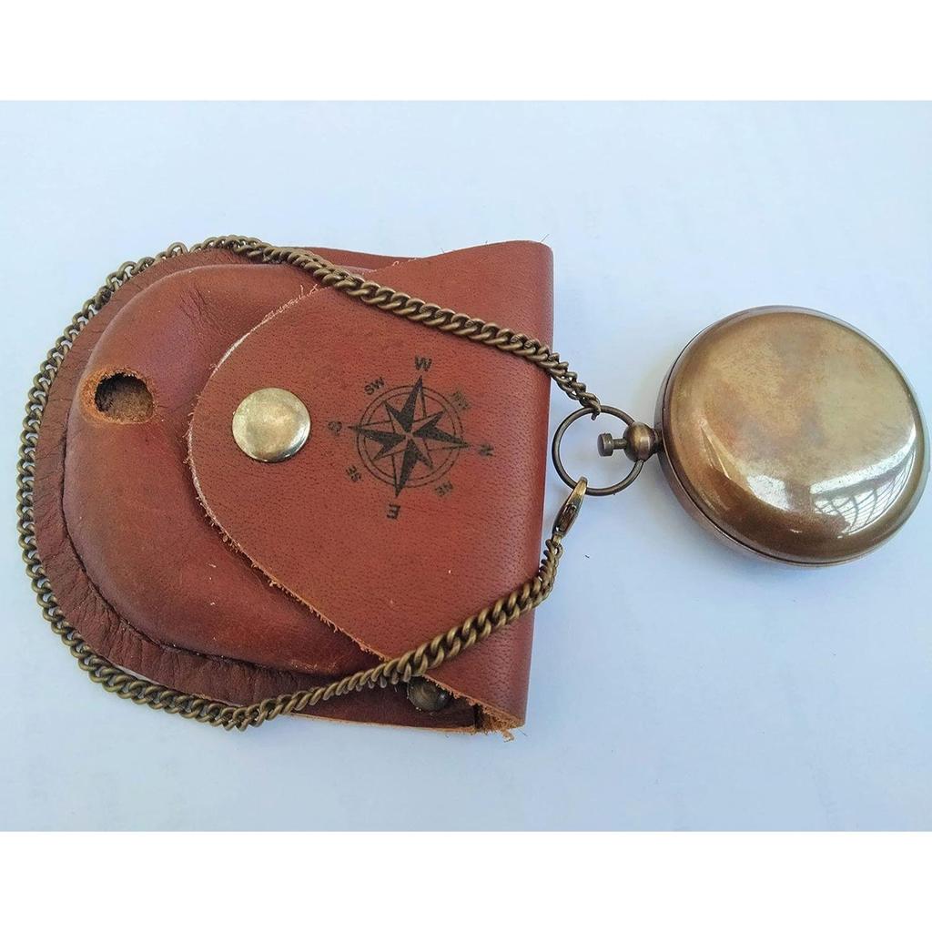 Antikbraunes Finish Messing Druckknopf Kompass Taschenuhrkette mit Lederabdeckung Nautisches Geschenk für geliebte Menschen