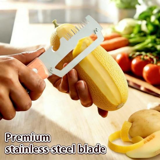 Vegetable Peeler with Wooden Handle Stainless Steel Sharp Blade Peeler 2-in-1 Bottle Opener Kitchen Peeling Utensil