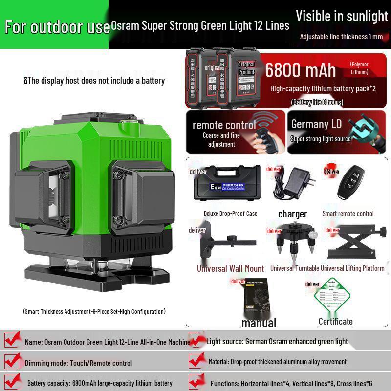 16-Line High-Precision Integrated Laser Level with Infrared & Green Light for Wall & Floor
