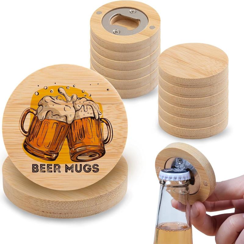 Natural Bamboo Beer Opener Coaster Multifunctional Magnetic Bottle Opener For Bar Kitchen Home Party Use
