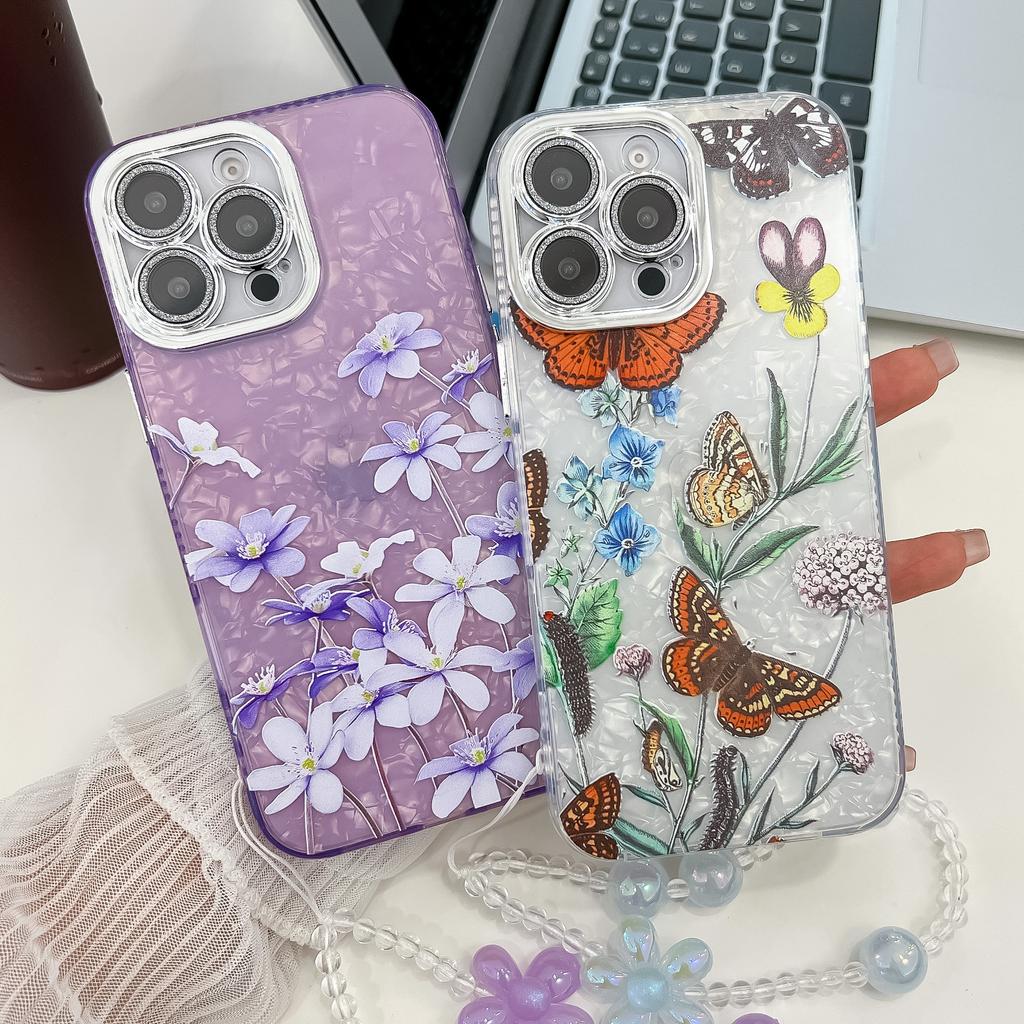 For Apple 16E Flower Phone Case for IPhone 15 Promax with Bracelet Sparkling Pink Lens Film Hard Case