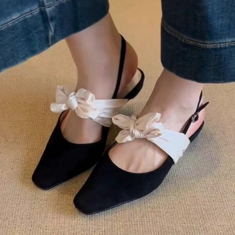 Bow Women Heeled Sandals Square Toe Shoes Woman Slippers Slingback 2025 Summer Elegant Dress Shallow Sandalias De Mujer