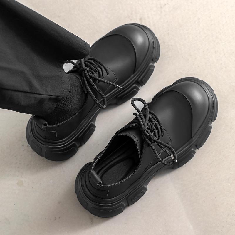 Black Thick Sole Casual Genuine Leather Dress Shoes Men Platform Heighten Japan Harajuku Korean Streetwear Fashion Shoes Man