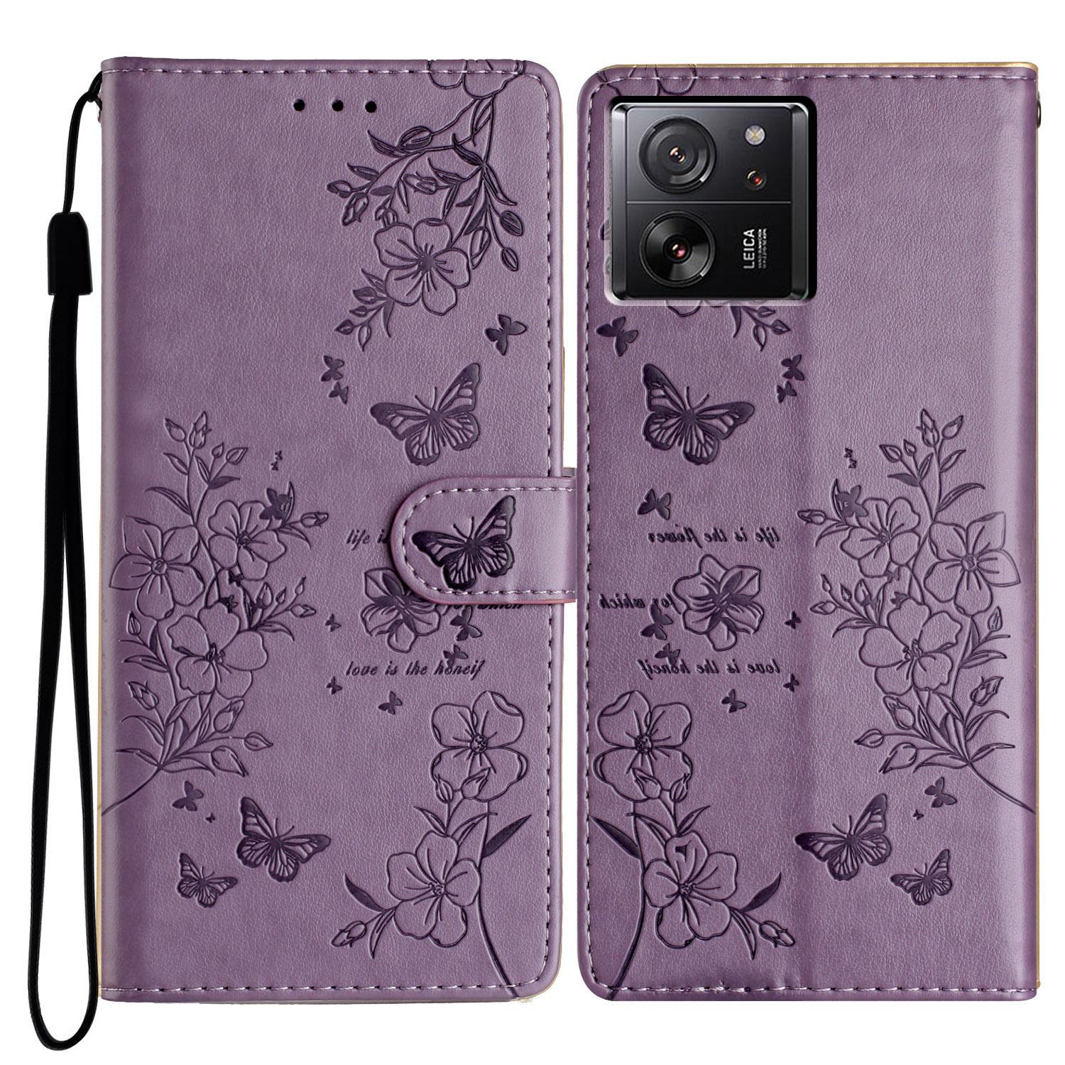 

For Xiaomi 13T/13T Pro/Redmi K60 Ultra Stand Case Butterfly Floral Imprint Leather Phone Cover Purple