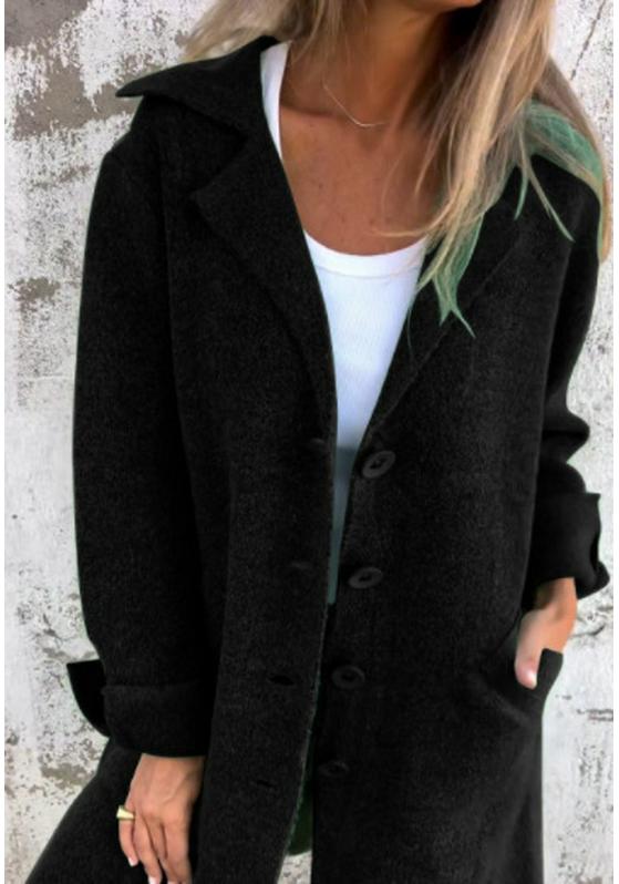 Elegant European Style Mid-Length Women's Solid Color Lapel Pocket Cardigan Coat