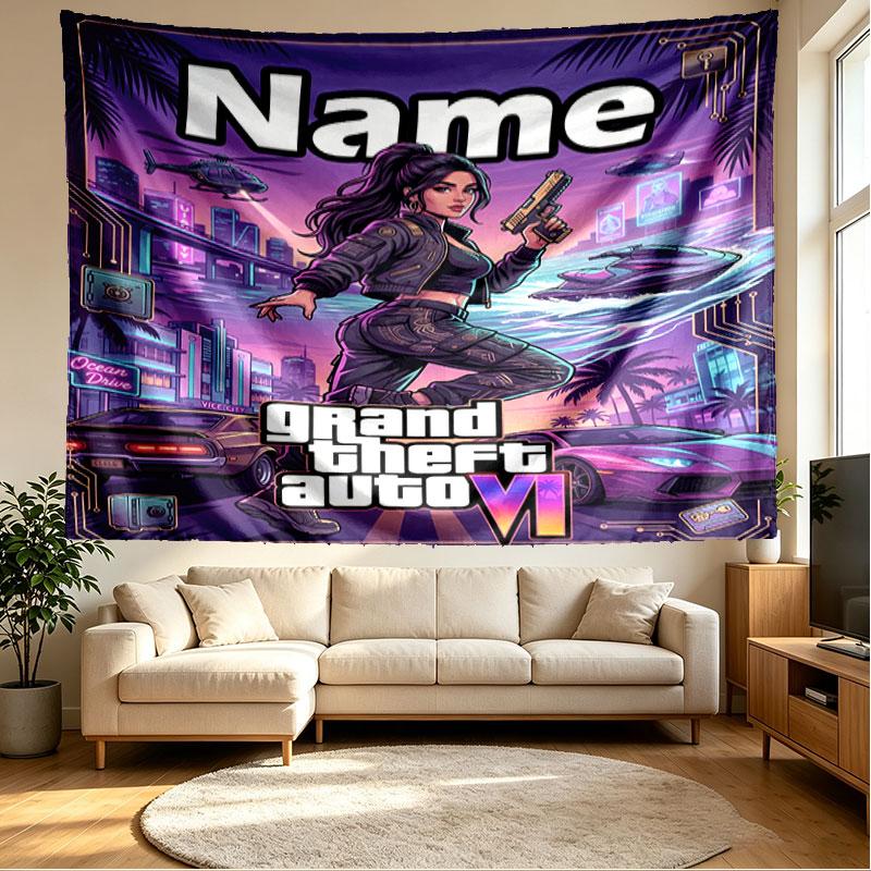 Custom Name Personalized Grand Theft Auto Print Tapestry, Wall Art Decor, Bedroom, Dorm, Apartment, LivingRoom, Party Backdrop, Gift for Birthday
