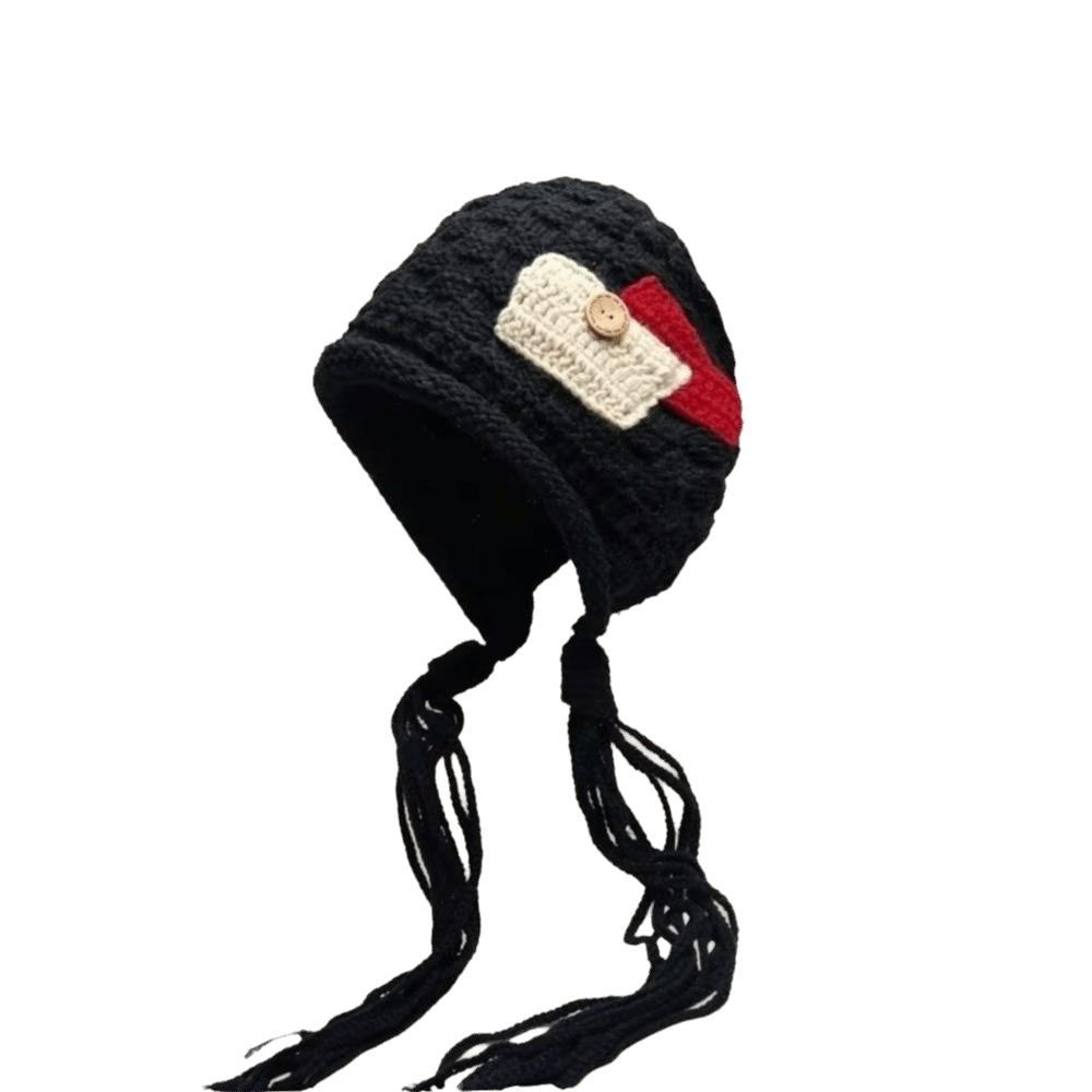 

Fashion Cloth Sticker Fringed Knitted Hat Solid Color Pullover Style Handmade Braids Hat Ear Protection Crochet Bonnet