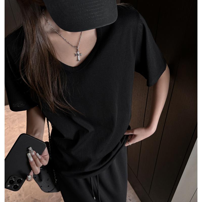 

Snowflake cotton summer V-neck lazy wind simple loose front shoulder short-sleeved large T-shirt women s Korean casual meat-covering top S (suitable for weight 35-47.5kg ) чёрный