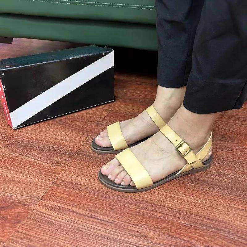 Mode Neu 2025 Damen Flache Sandalen Schnallenriemen Gladiatro Sommer Damen Sandale Komfort Leder Damenschuhe Einfarbige Flats Schuhe