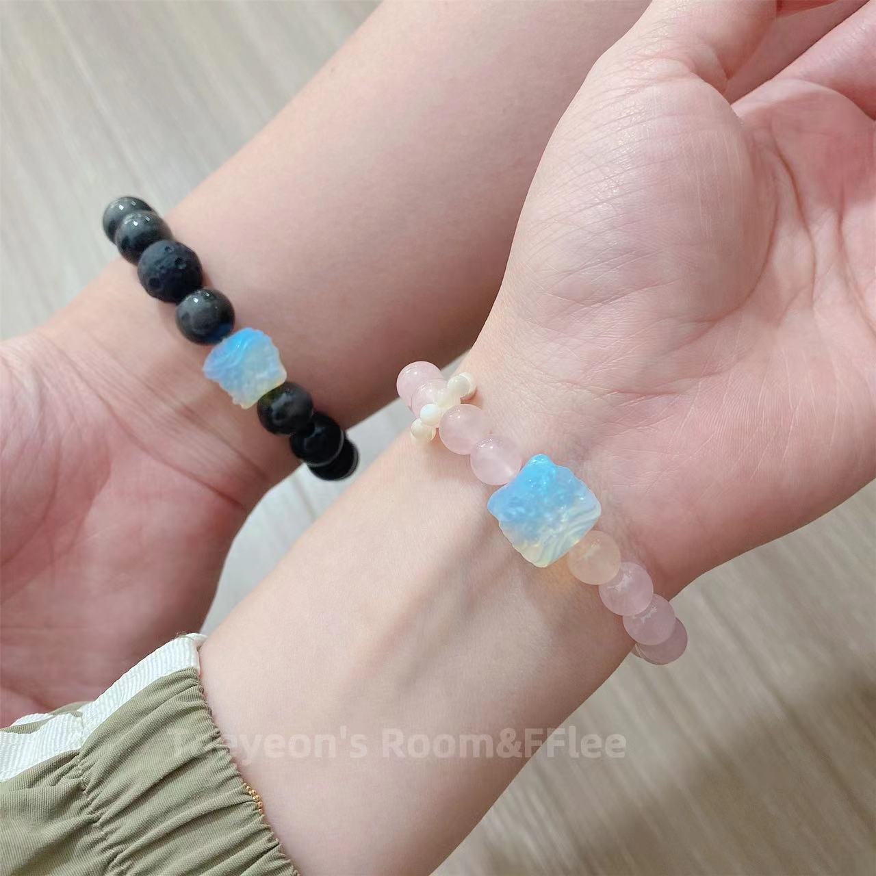 

Lion Dance Couple Bracelet, Natural Pink Crystal Bracelet, Opal Bead Bracelet, Sweetheart Peach Blossom Gift for Girlfriend on Qixi Festival Obsidian Lion Awakening M
