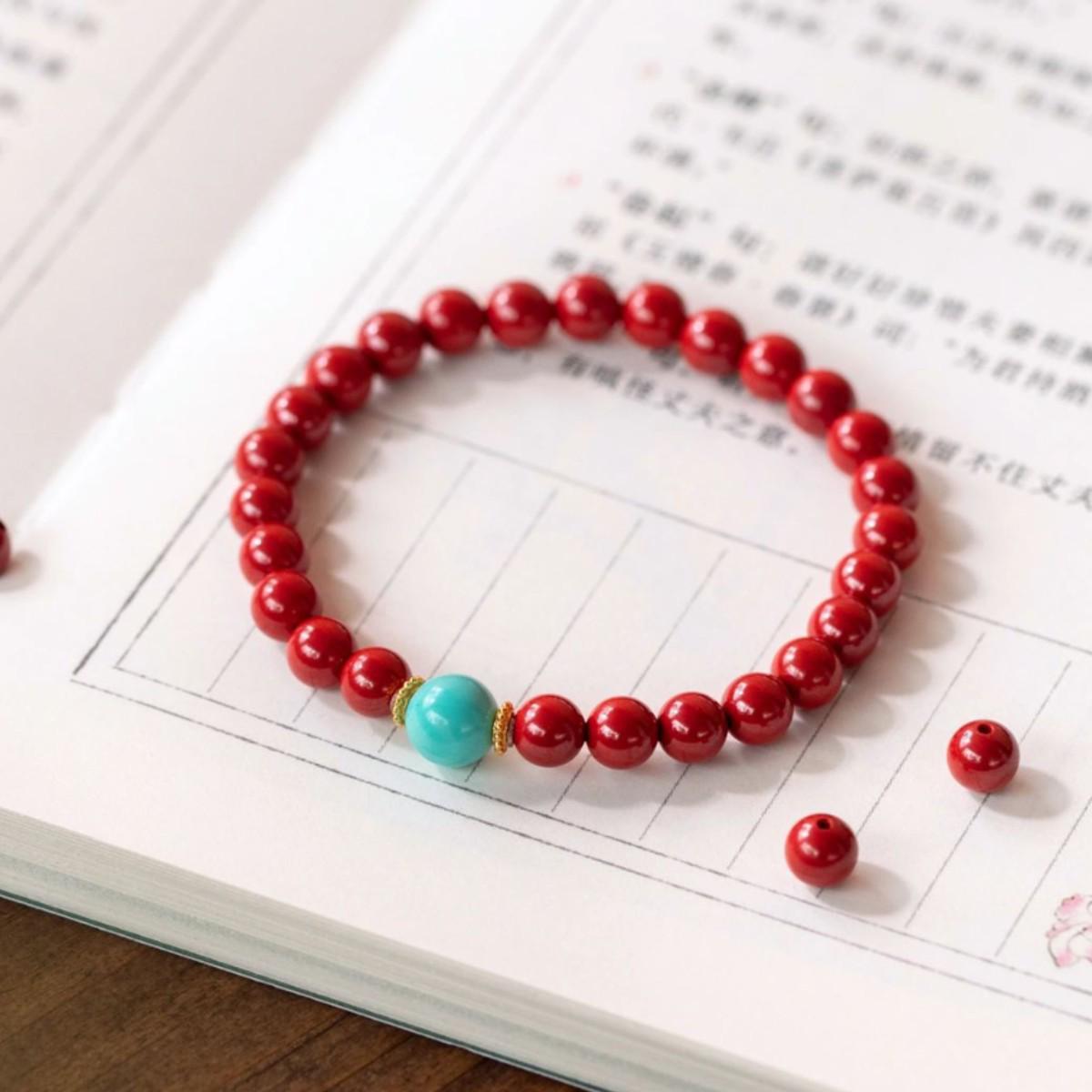 Cinnabar  Turquoise Wrap Bracelet: Chinese Style Beaded Good Luck Accessory for Couples