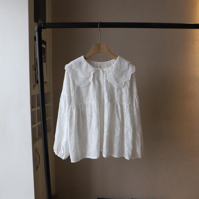 

Весна 2025 Корейский стиль Воротник Питер Пэн Свободный рукав-пузырь Длинный рукав Женский топ One Size белый