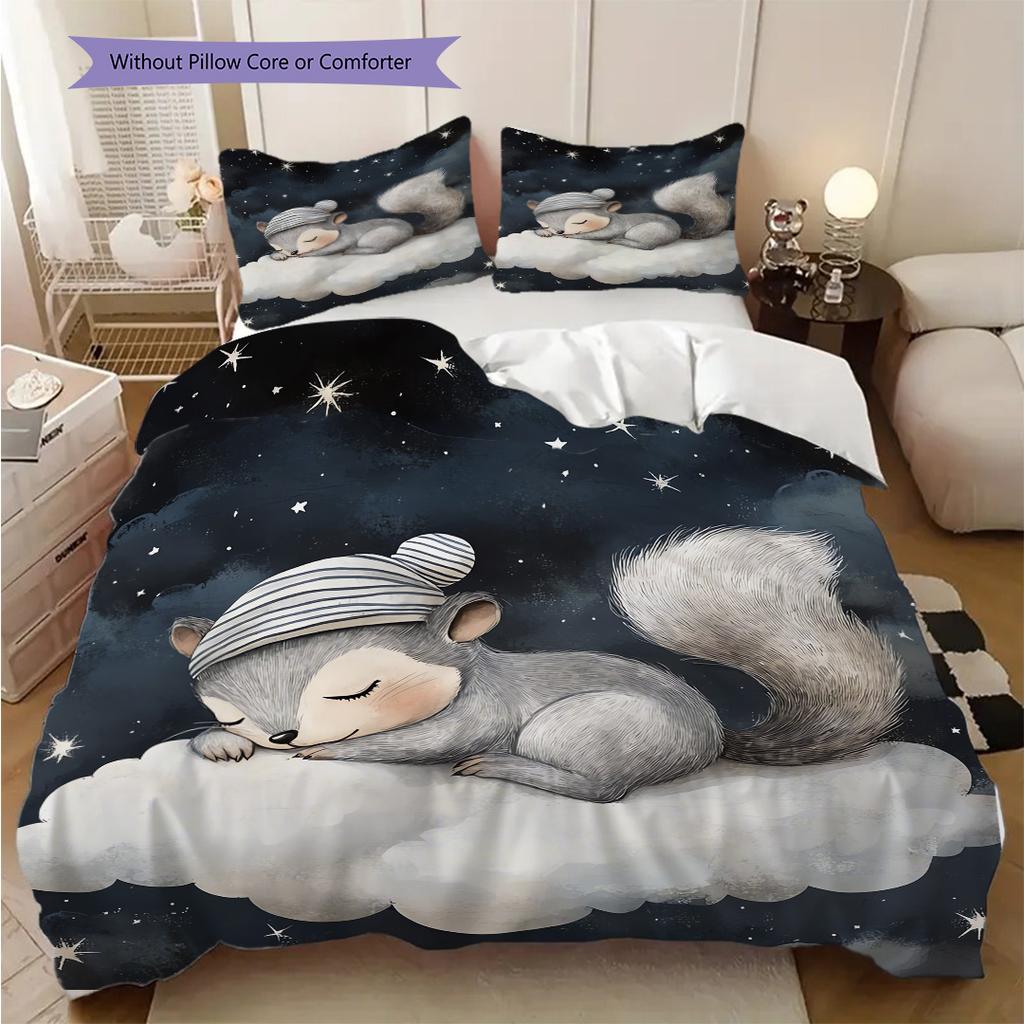 Squirrel Pattern Bedding Quilt Set Quilt Cover Pillowcase Home Decoration Birthday Gift (1 * Duvet Cover + 2 * Pillowcase, Without Core)