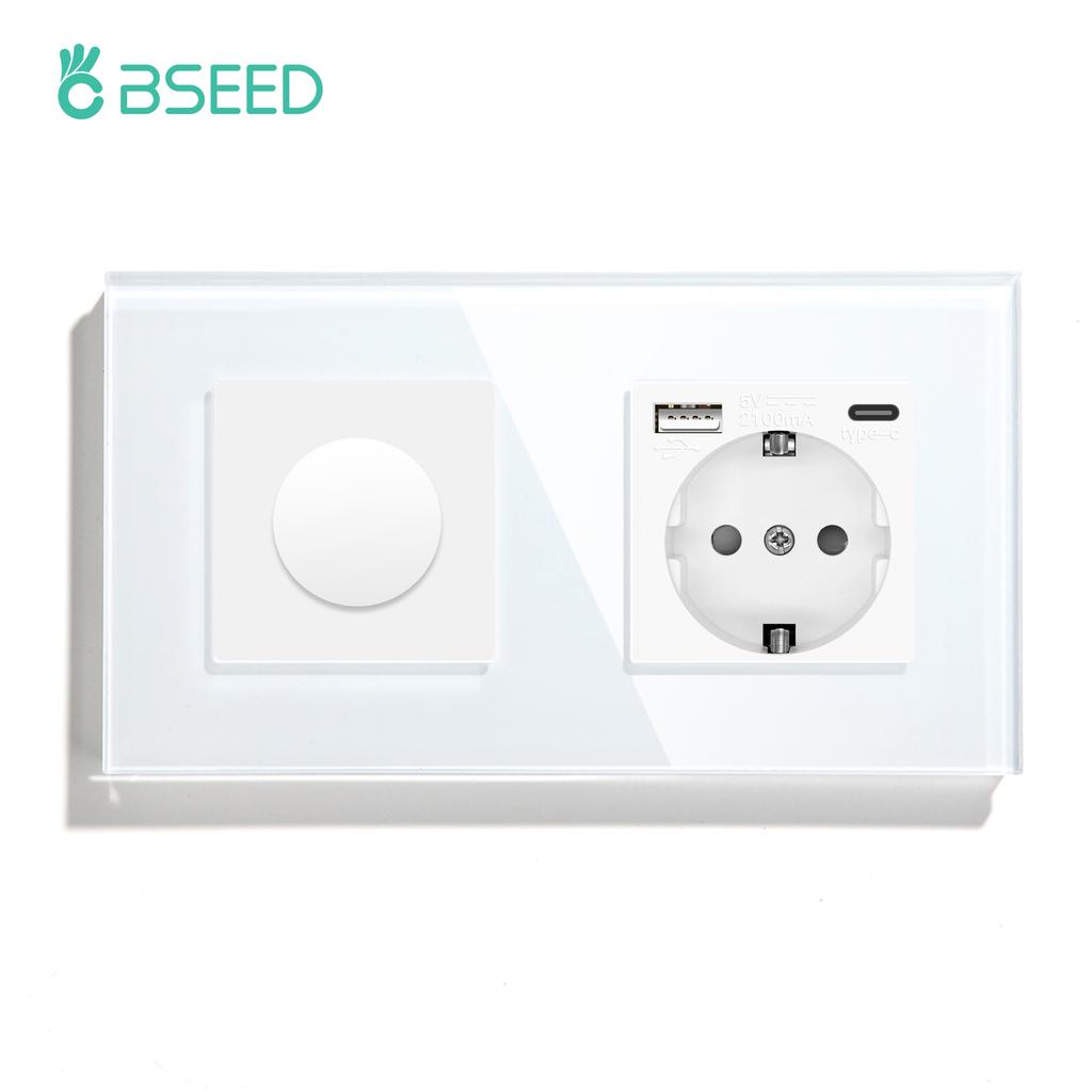 BSEED Mechanical Dimmer Fan Switch With 1/2/3Gang Wall Light Switches EU Socket USB Type-c Power Ports  2.1A Glass Panel