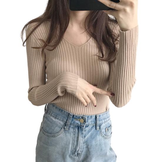Women Tops V-neck Long Sleeve Slim Fit Pullover Sweater Solid Color Ribbed Bottom Sweater Elastic Knitwear