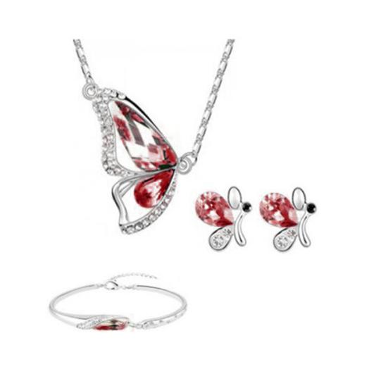 Butterfly Rhinestone anheng halskjede Stud øredobber armbånd brude smykker sett