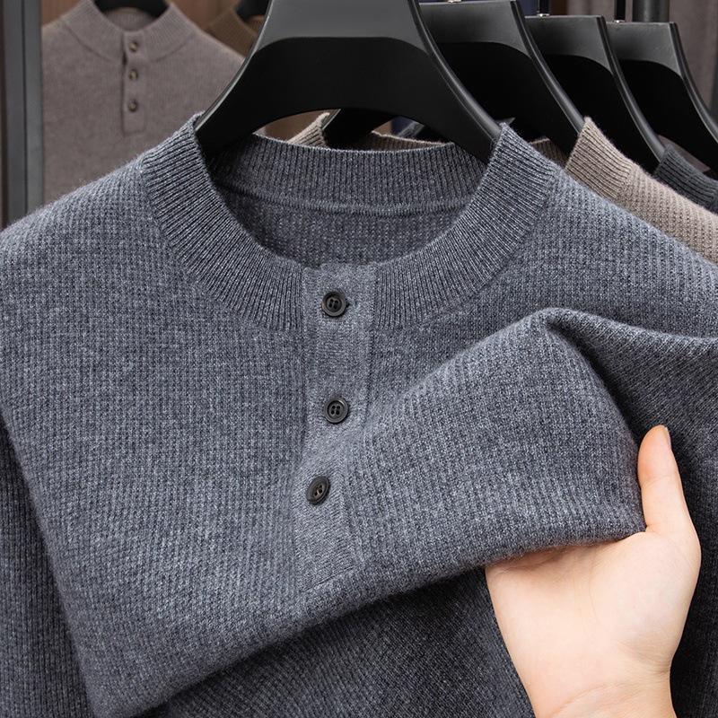 Men's Luxury 100% Cashmere Pullover - Skin-Friendly, Warm Base Layer with Button Collar for All Ages