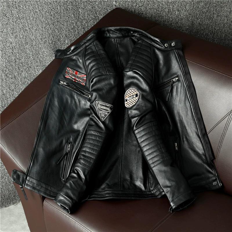 New Heavyweight Genuine Leather Biker Jacket Men Slim Fit Stand Collar Trendy Motorcycle Coat