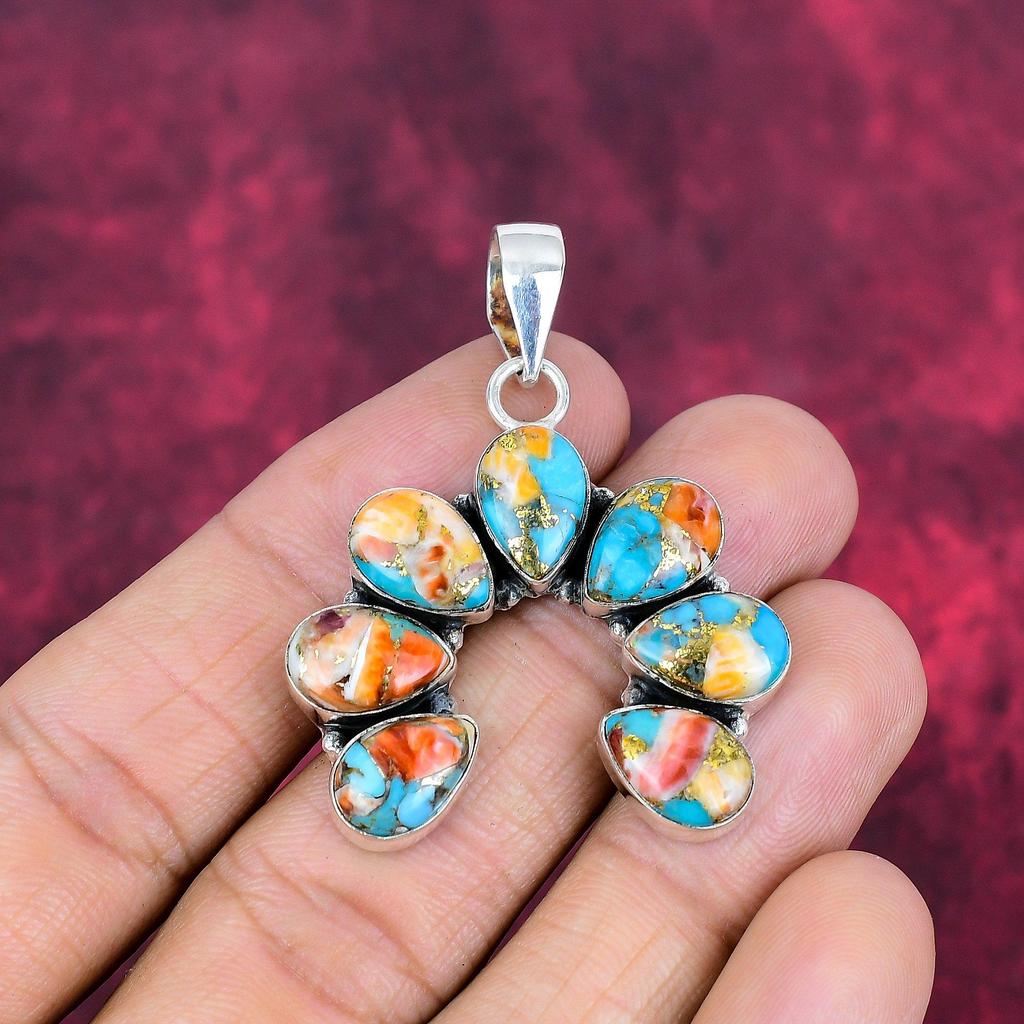 Anhänger mit Orangefarbener Stachelmuschel, 925 Sterlingsilber Edelsteinschmuck, Handgefertigter Anhänger Fantastischer Schmuck, Geschenk für Sie