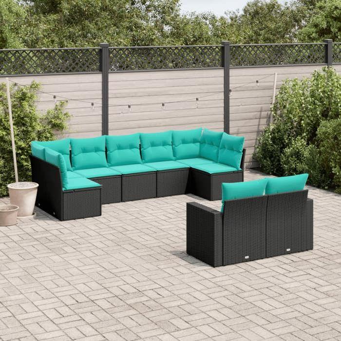 VidaXL Salon de Jardin avec Coussins 9 pcs, Canapés de Patio, Ensemble de Meubles, Mobilier de Terrasse Exterieur, Noir 3219407