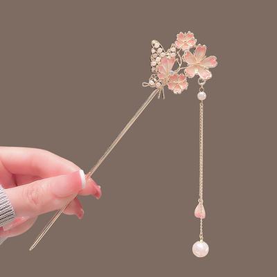 Japanese Chinese Style Enamel Metal Flower Hair Sticks Pearl Tassel Hairpin  Hair Shopsticks Hanfu Hair Accessories