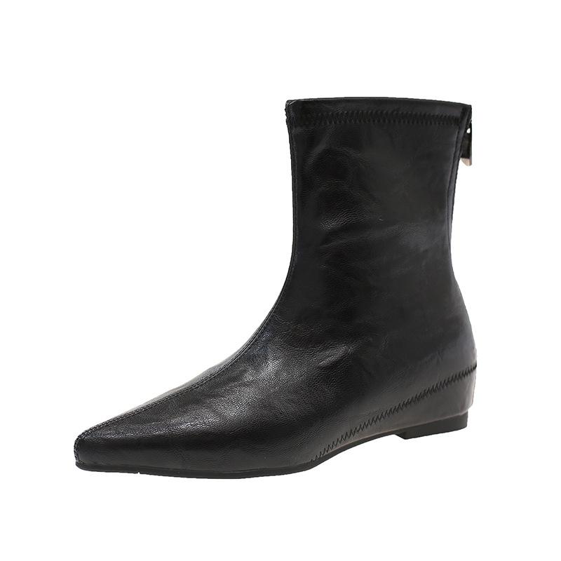 Large size French autumn and winter high-end bare boots pointed flat short boots women's thin boots rear zipper Martin boots women's fashion