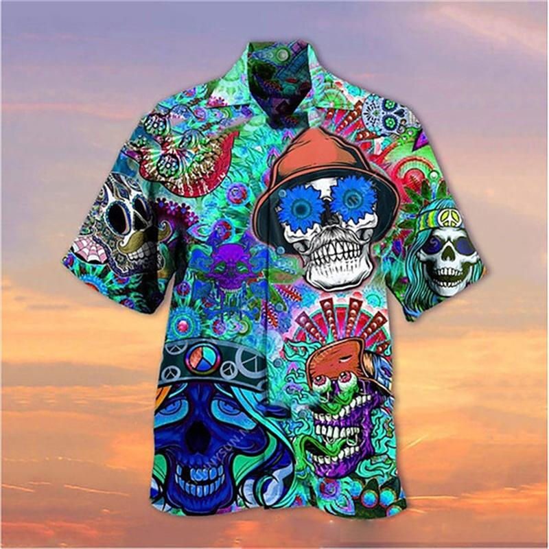 

Fashion Casual Holiday Beach Shirt 3D Gothic Skull Pattern T-shirt Retro Short Sleeve Street Vacation Outdoor Men s and Women s Shirt S
