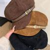 Belt Buckle Pu Leather Beret Brown Painter Hat Fashion Suede Octagonal Hat  Streetwear