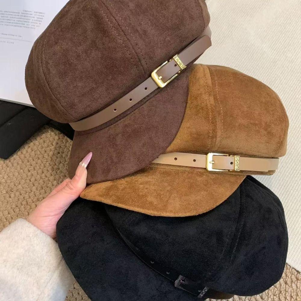 Belt Buckle Pu Leather Beret Brown Painter Hat Fashion Suede Octagonal Hat  Streetwear
