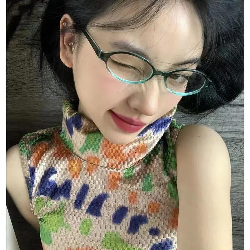 

Women Retro Oval Square Glasses Red Green Frame Glass Eyewear Decorative Computer Anti-Blue Eyeglasses With Seaside Driving Plain Glasses