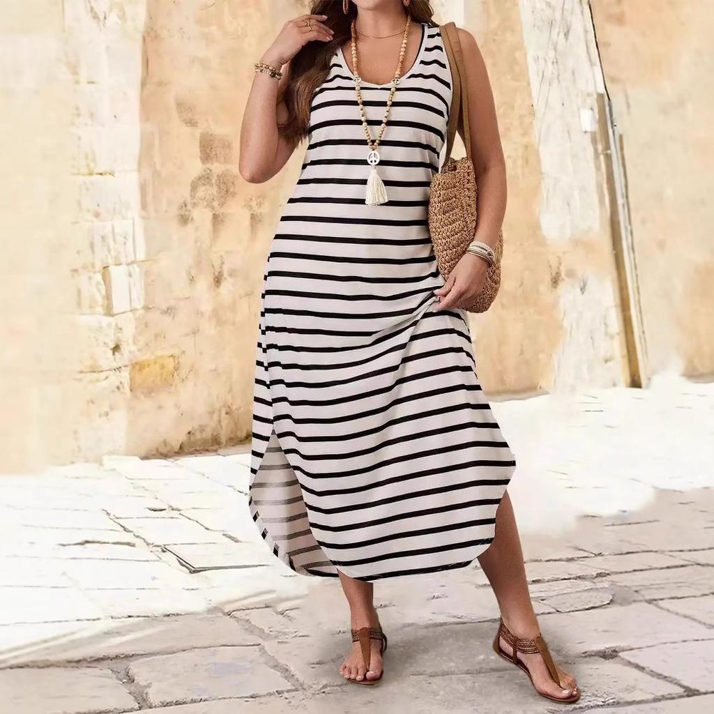 Sommer Neu, Gestreiftes Ärmelloses Kleid, Modisches Und Sexy Strandkleid