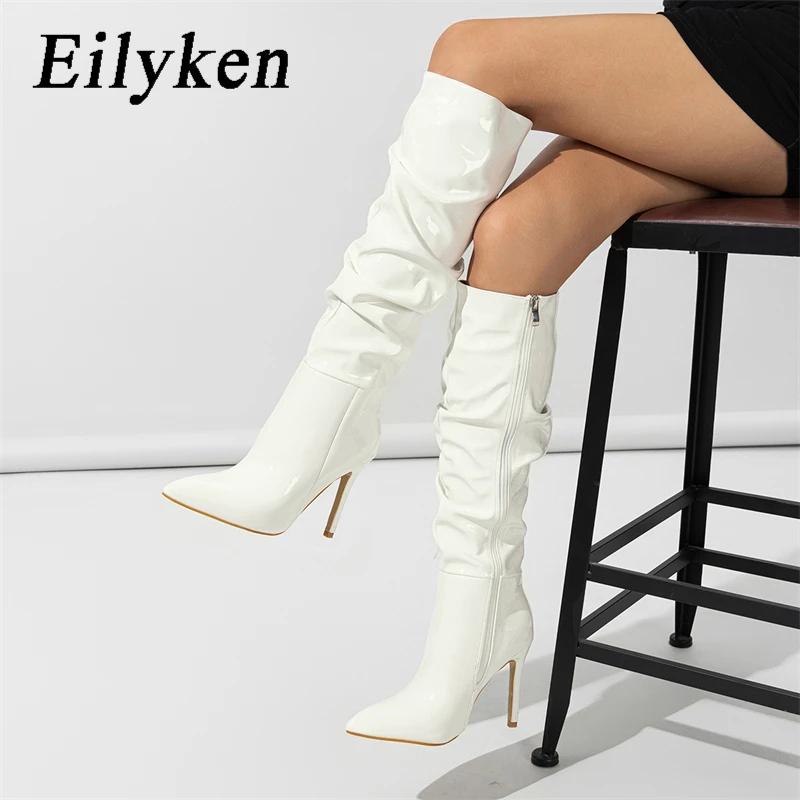 Eilyken Sexy Patent Leather Thin High Heels Women Knee High Boots Pointed Toe Zipper Ladies Long Female Shoes Zapatos Mujer