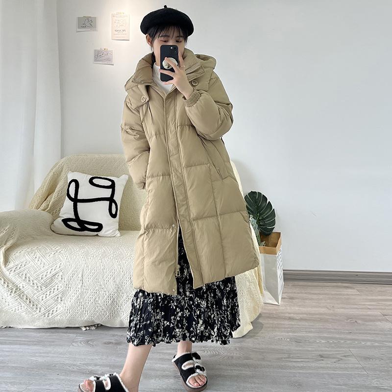 High-rise white duck down long down jacket women's 2024 new thickened hooded sweet warm loose meat cover over the knee