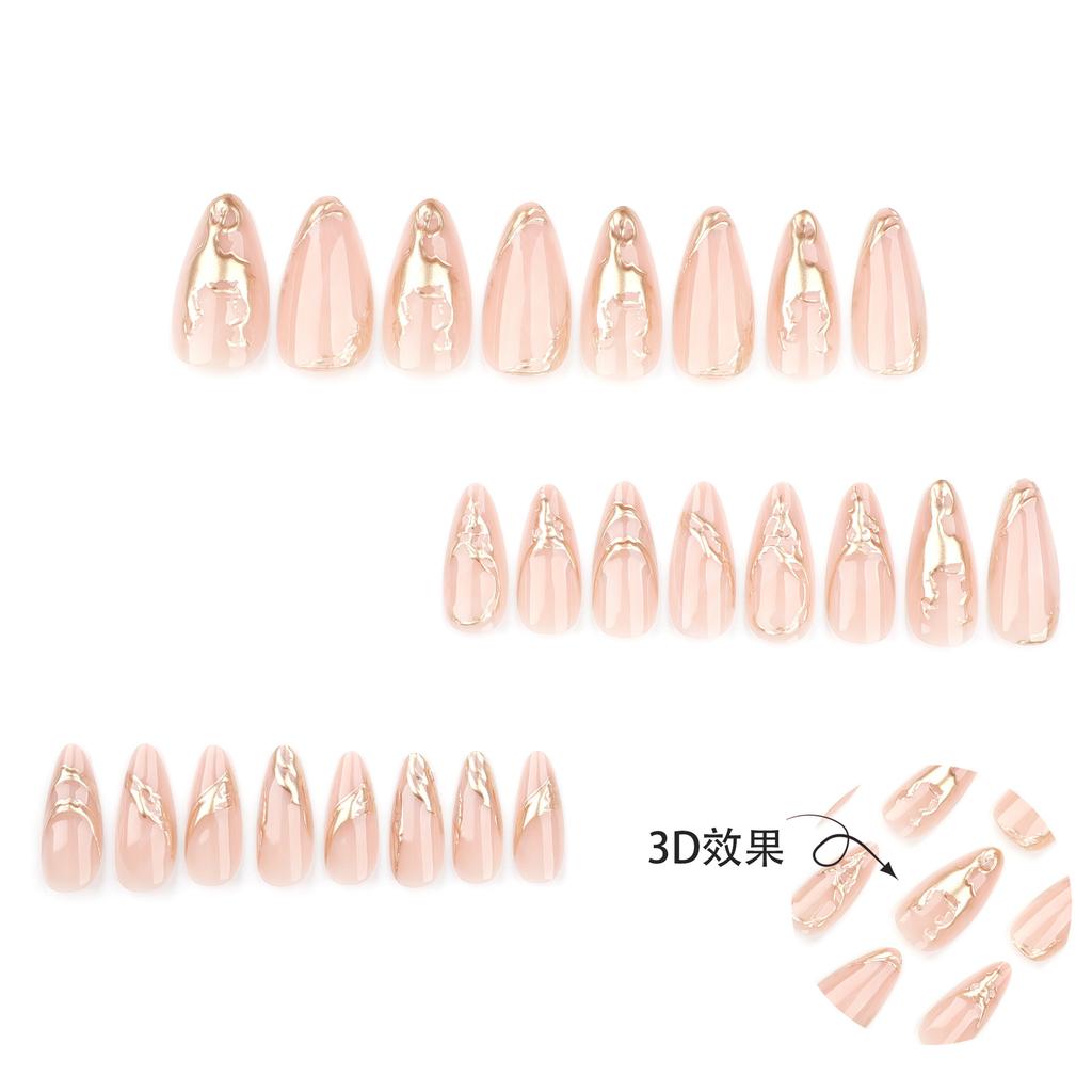 24pcs Simple New Product Nail Art Fake Nail Gold Paste 3D Wearable Nail Tablets Short Almond Heavy-wearable Nail Nail Patch