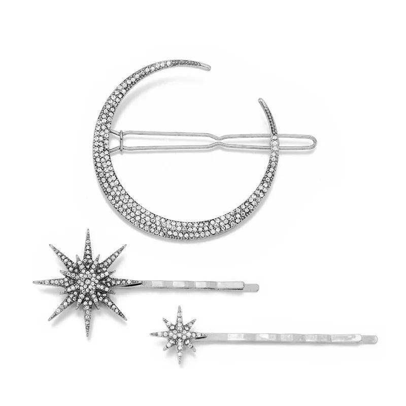 Ensemble de Barrettes à Cheveux Étoiles Géométriques 3D Lune Strass Argent Épingles à Cheveux Flocon de Neige Étoile Femmes Pince Latérale Barrettes Accessoires pour Cheveux