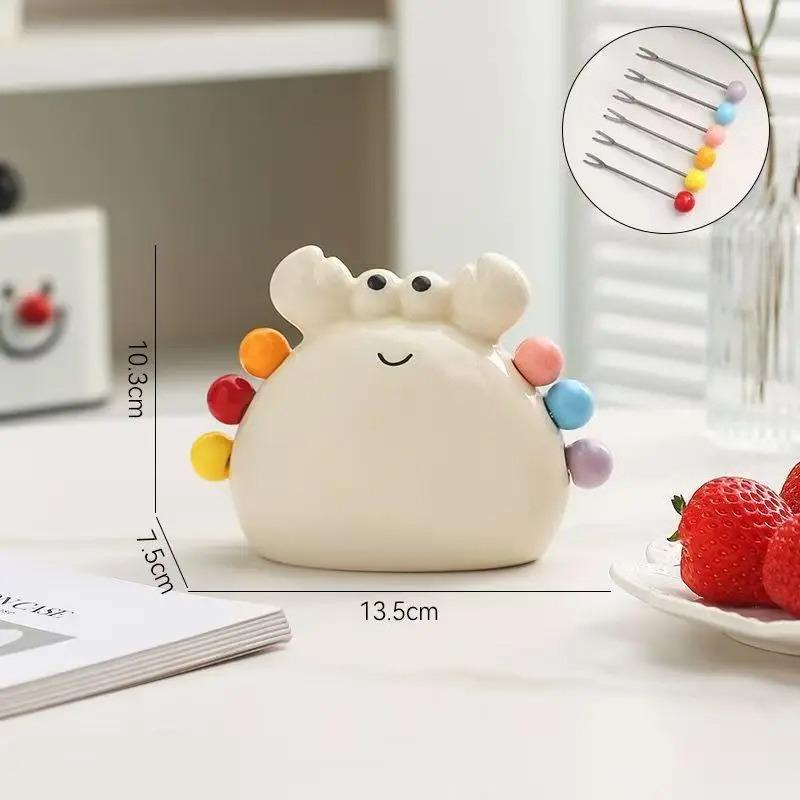 6pcs Cute Stainless Steel Dessert Fruit Forks Set with Ceramic Crab Shaped Storage Jar