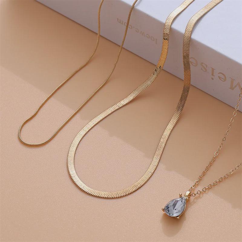 European American Cool Style Stacking Diamond Clavicle Necklace - Sweet, Simple Metal Water Drop Design