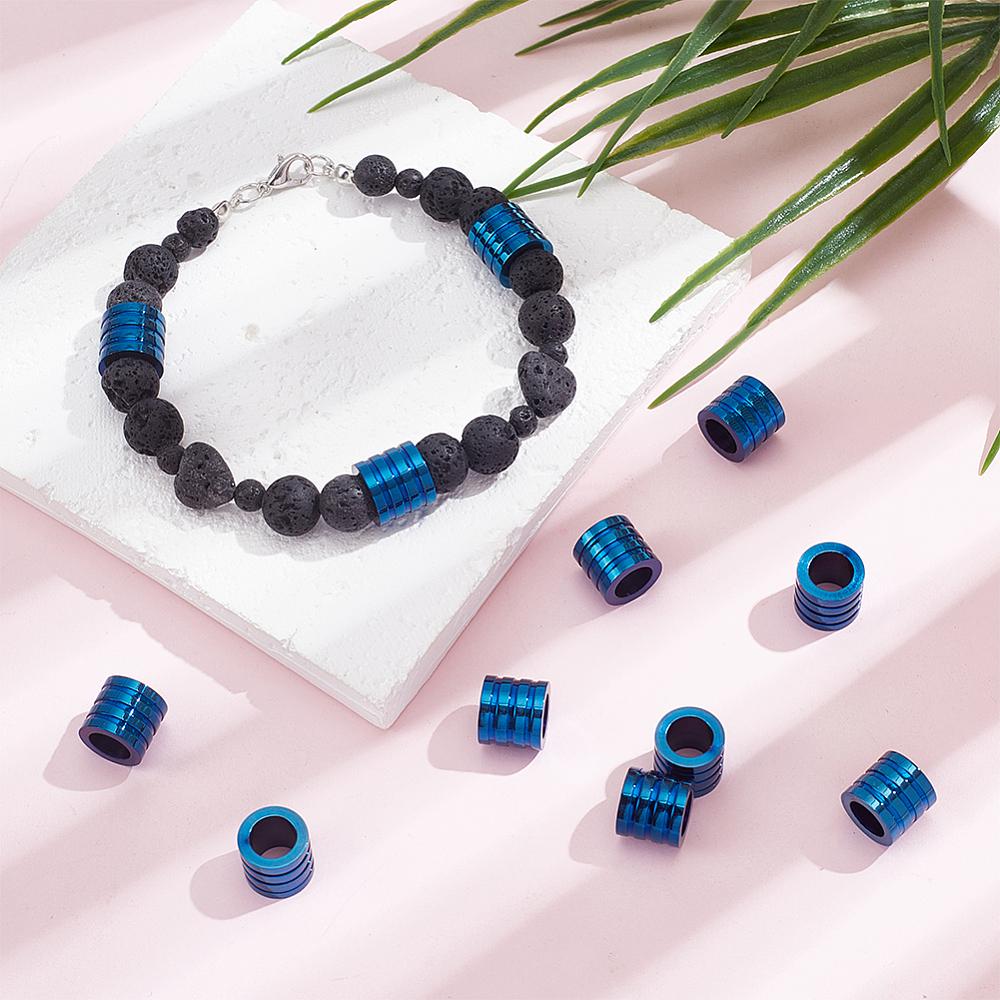 12Pcs PVD Vacuum Plating Stainless Steel Beads, Groove, Column, Blue, 10x8~9mm, Hole: 6.5mm