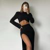 European and American new two-piece set, long-sleeved short top, high waist split skirt, royal sister style fashionable and sexy dress set