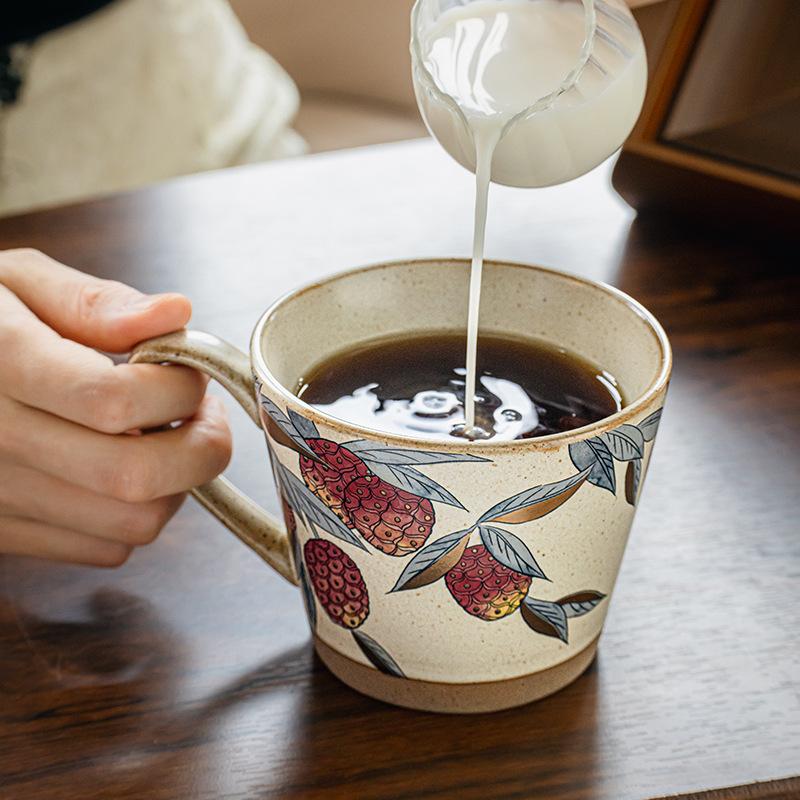Mid-Century Modern Stoneware Mug Vintage Luxury for Latte Floral Tea Home Office Use High Aesthetic Ceramic Cup Gift