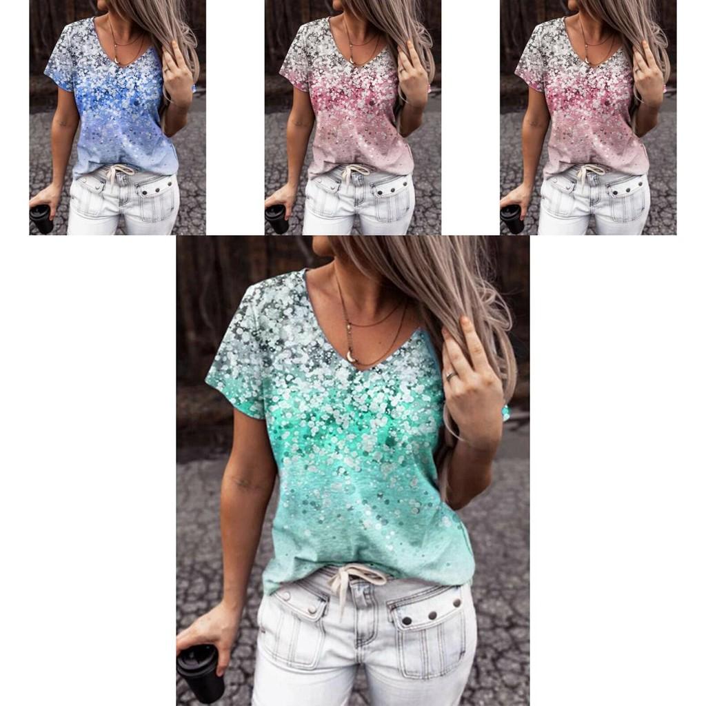 Elegant Womens V-neck Short Sleeve Floral Print Tops T-shirt For Casual Wear