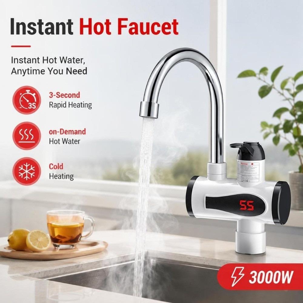3000W Instant Hot Faucet 3-Second Rapid Heating Tankless Water Heater Faucet Household Use